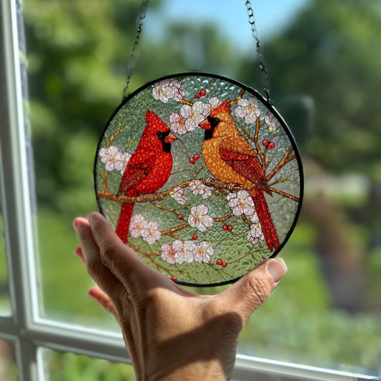 Cherry Blossom Cardinal Couple Suncatcher