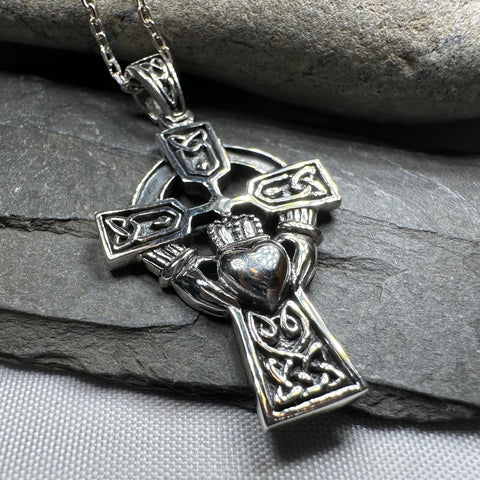 Load image into Gallery viewer, Galway Irish Claddagh Cross Necklace in Sterling Silver
