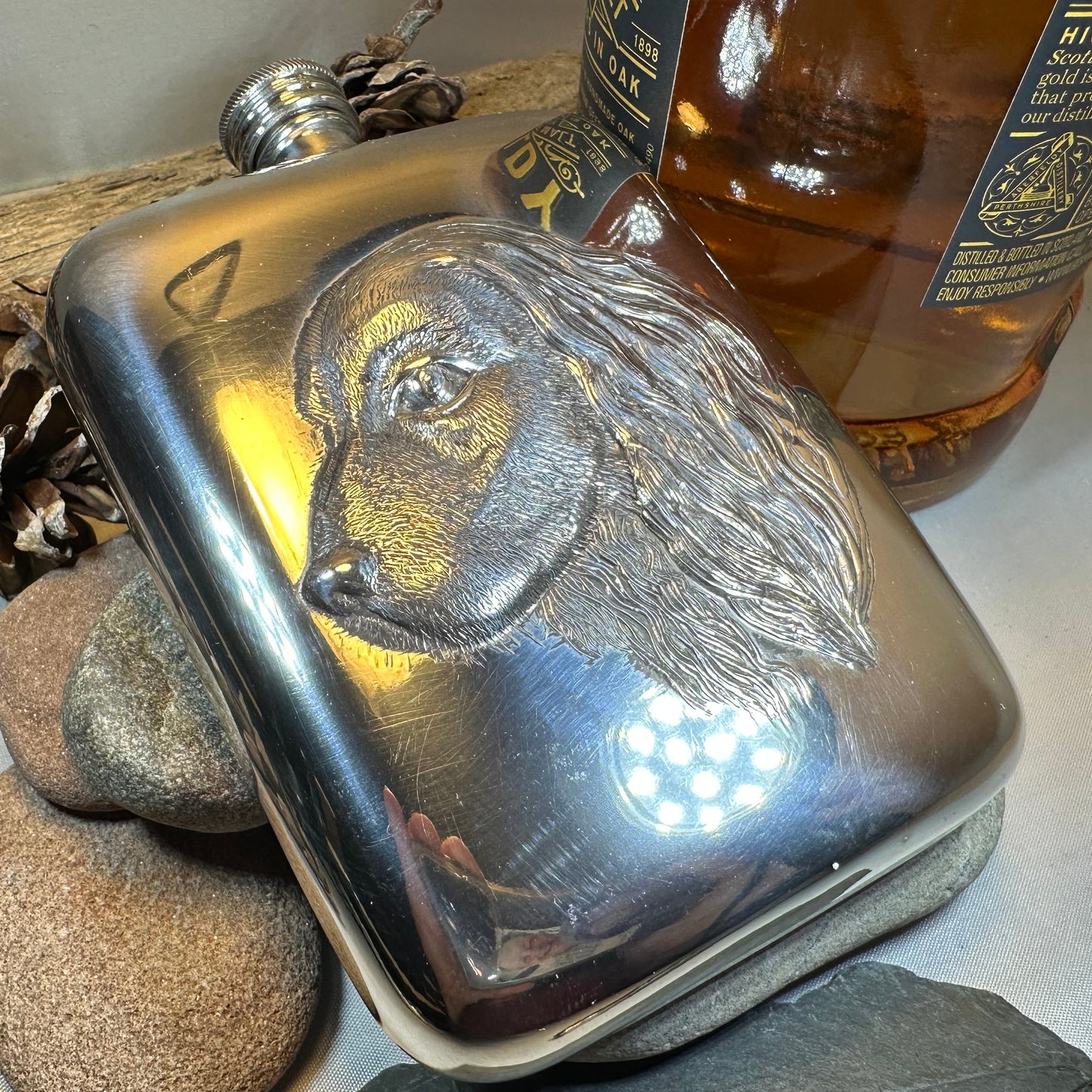Faithful Friend Spaniel Pewter Hip Flask - Handmade in England