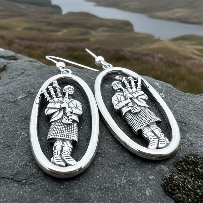 Tartan Bagpiper Earrings in Sterling Silver