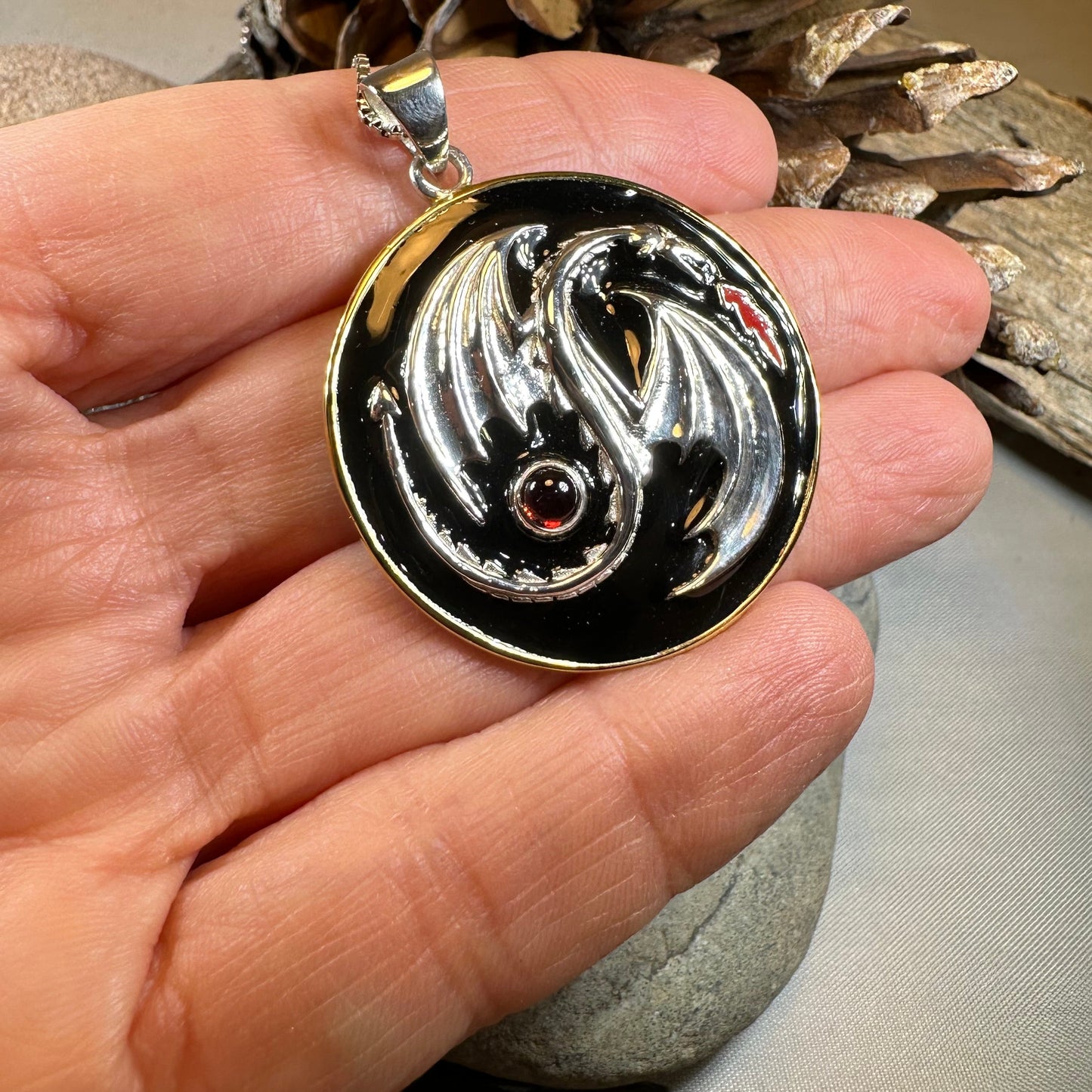 Dragon Yin Yang Garnet Necklace in Sterling Silver