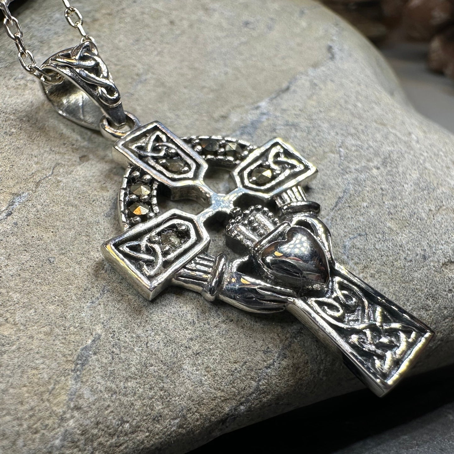 Marcasite Irish Claddagh Cross Necklace in Sterling Silver — view 5