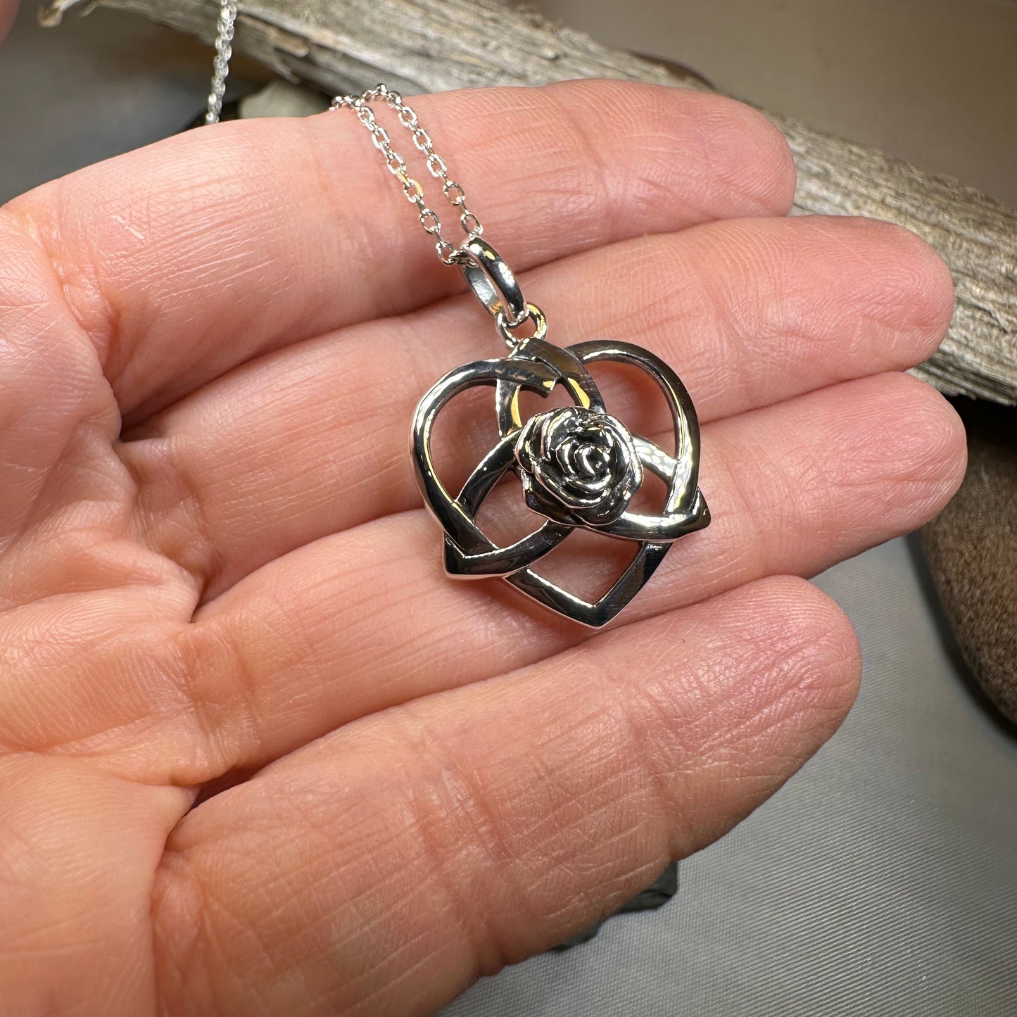Celtic Rose Heart Necklace in Sterling Silver