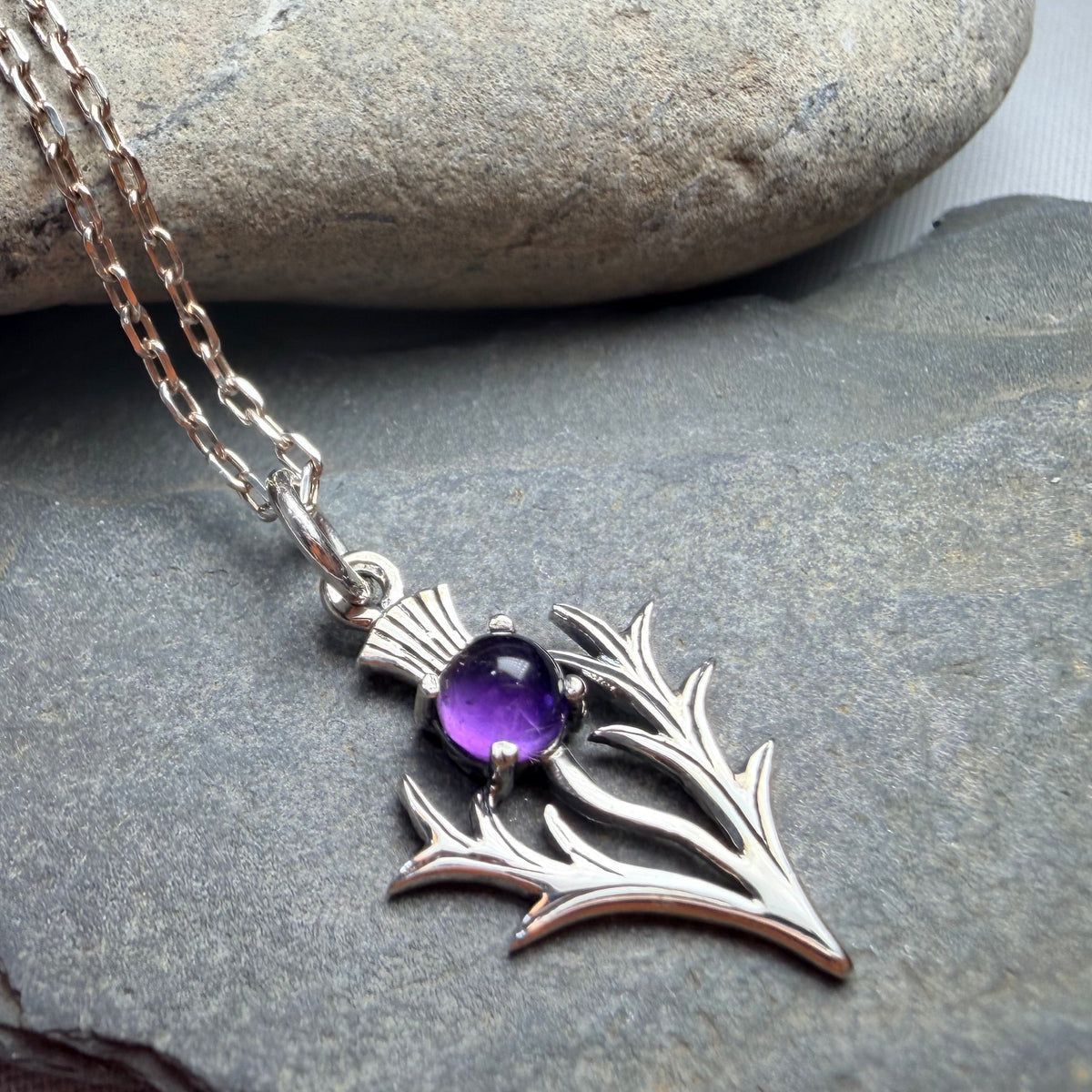 Petite Jacobite Scottish Thistle Amethyst Necklace in Sterling Silver