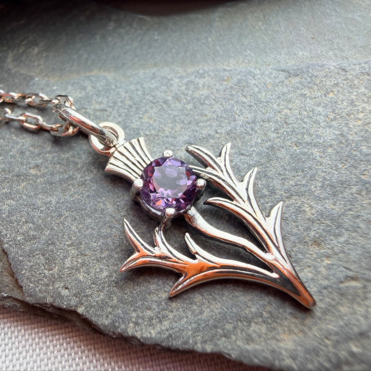 Petite Jacobite Scottish Thistle Amethyst Necklace in Sterling Silver