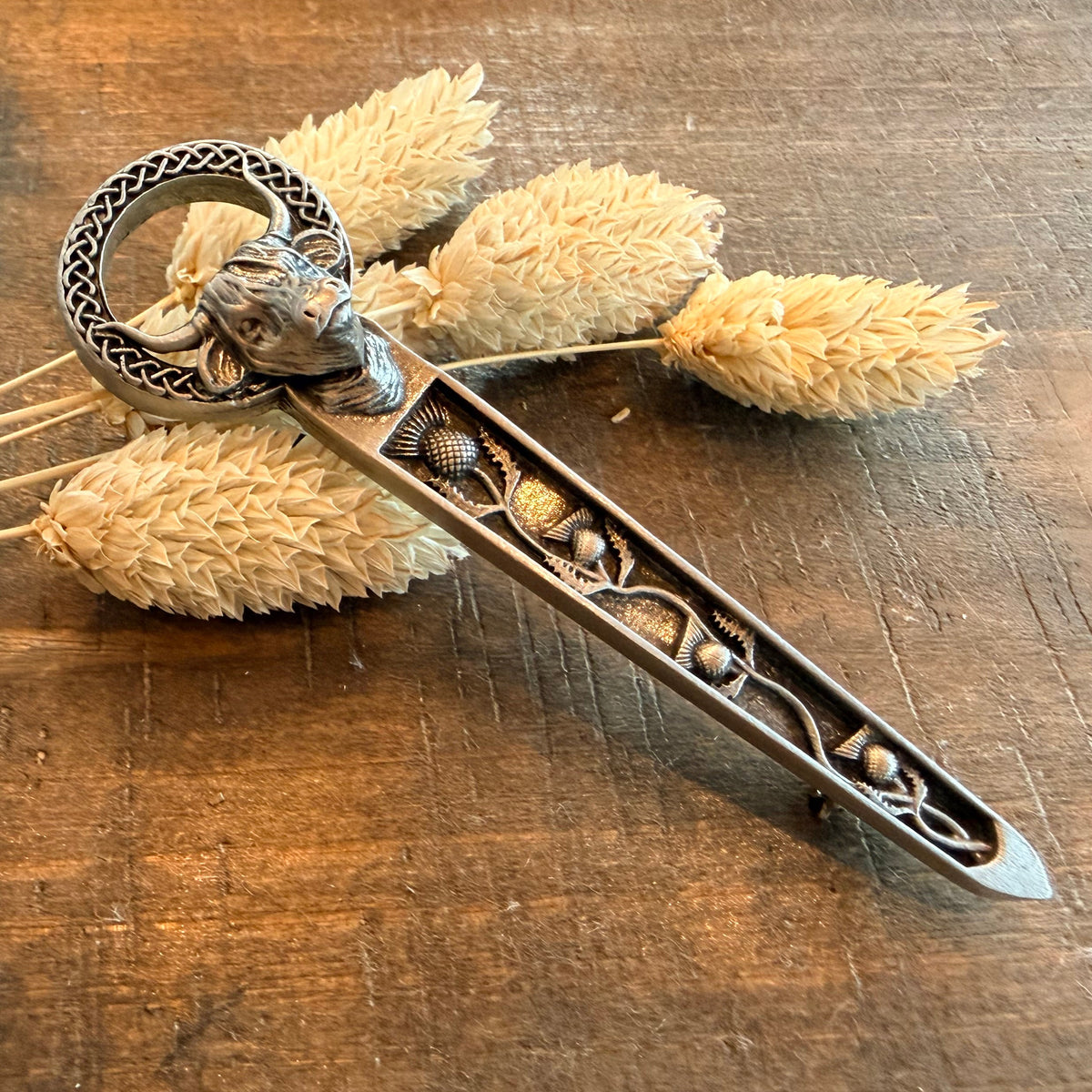 Celtic Highland Cow Thistle Kilt Pin - Handmade in Scotland