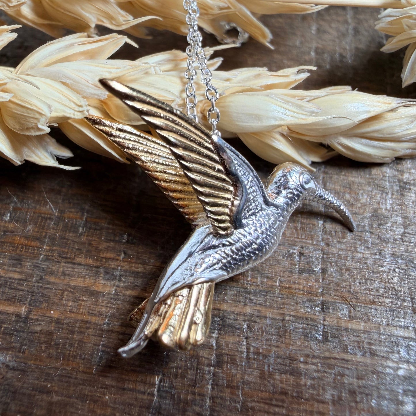 Golden Wing Hummingbird Necklace in Sterling Silver