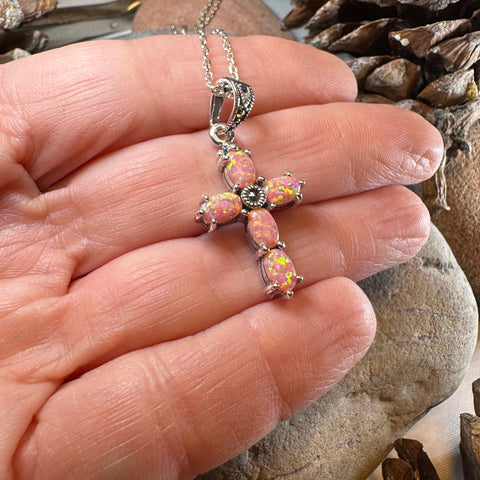 Load image into Gallery viewer, Rhosyn Opal Cross Necklace in Sterling Silver
