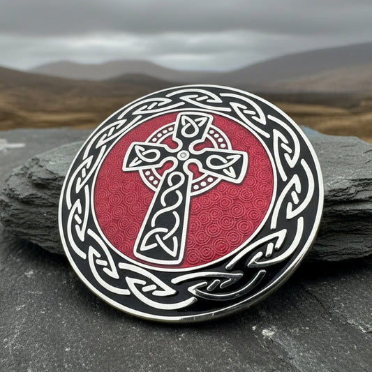 Enamel Celtic Cross Round Brooch