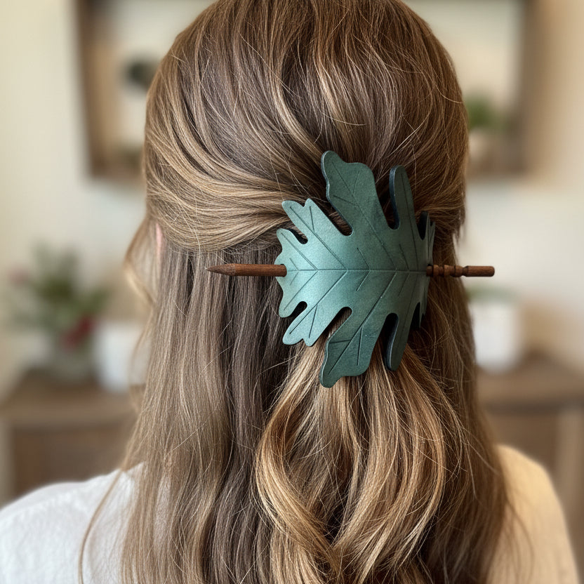Large Oak Leaf Leather Hair Slide for Women