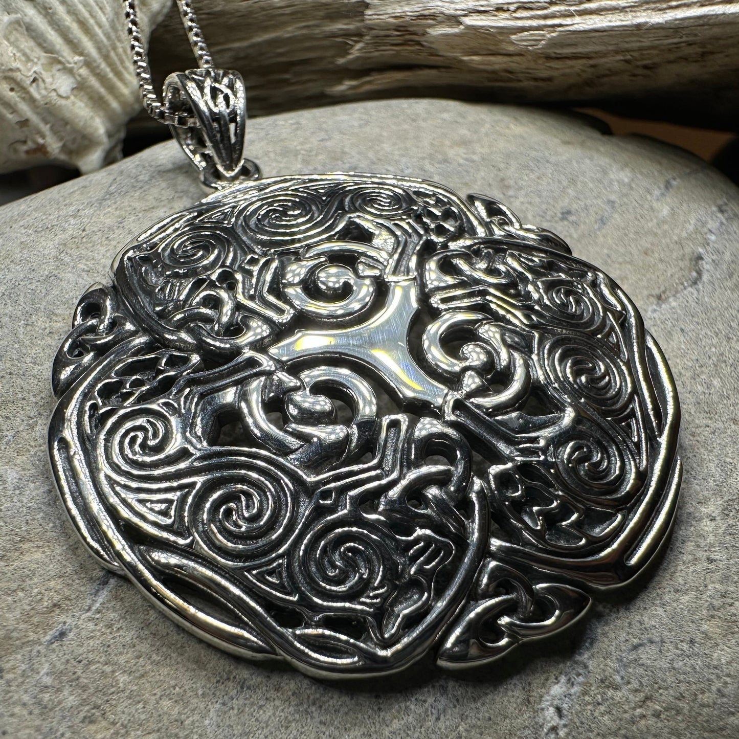 Pictish Triple Celtic Wolf Necklace in Sterling Silver