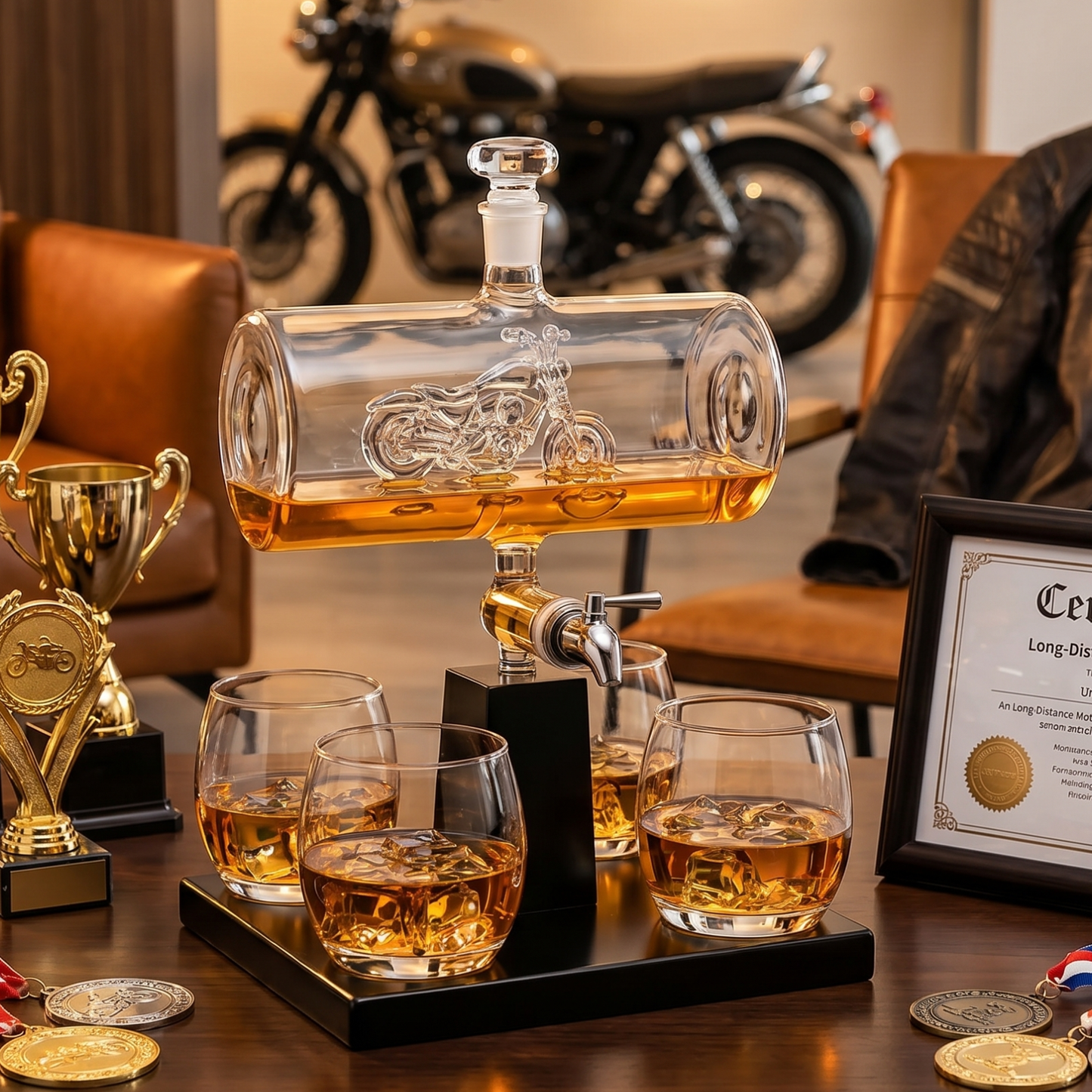 Motorcycle Decanter Whiskey Decanter Set with 4 Whiskey Glasses