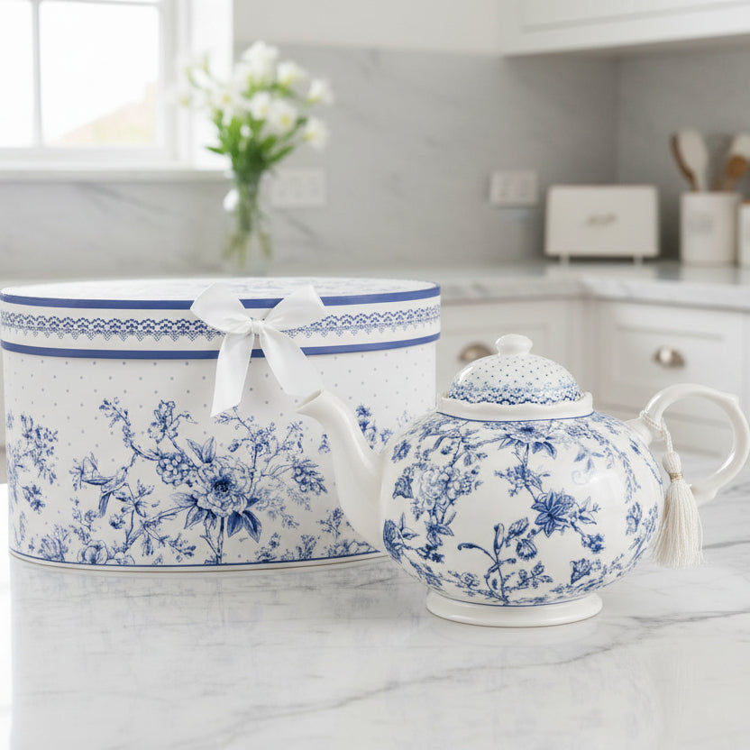 Vintage Style Blue Flowers Fine China Teapot
