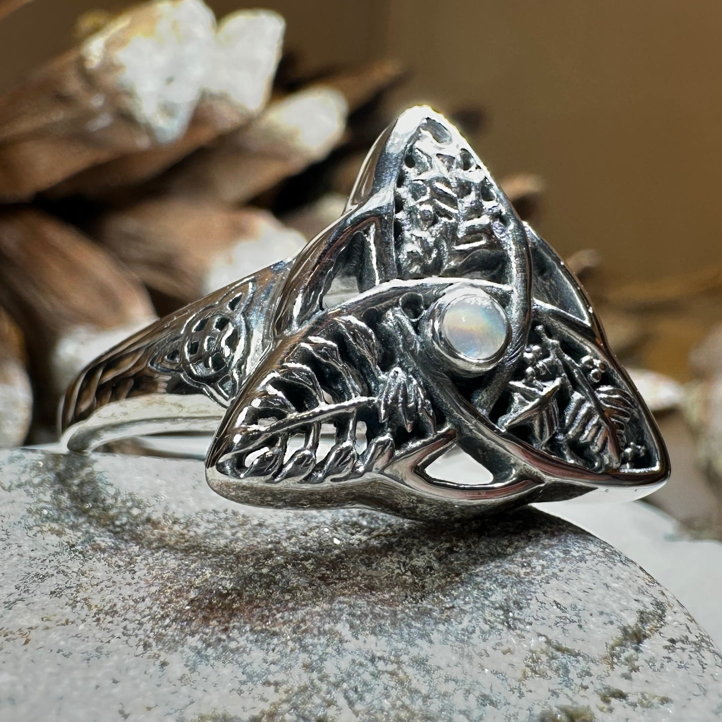 Oak Ash Thorn Moonstone Ring in Sterling Silver — view 2