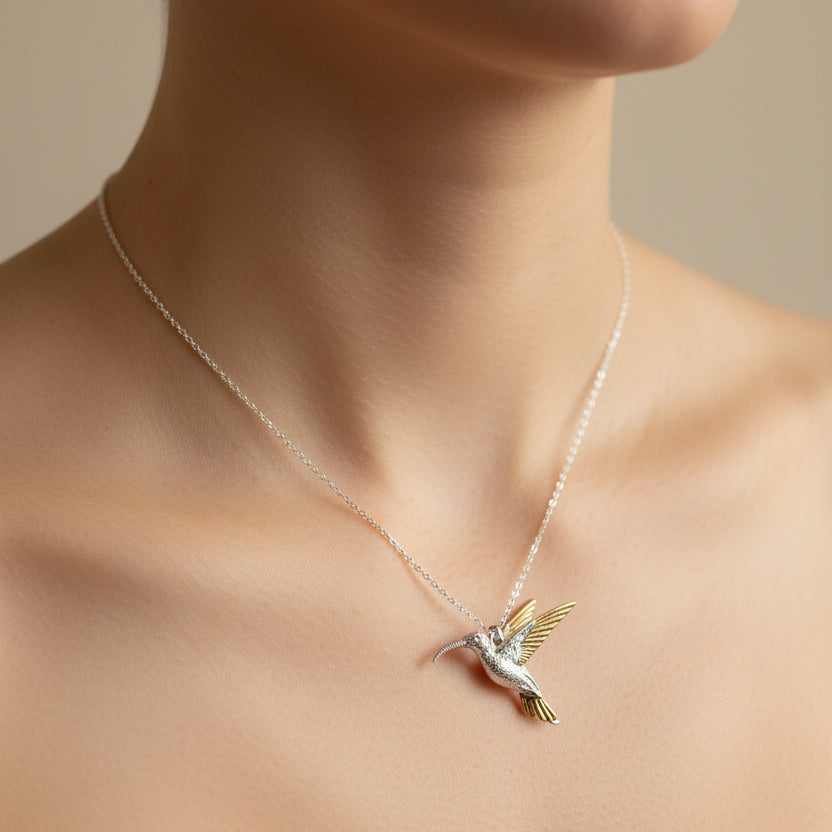Golden Wing Hummingbird Necklace in Sterling Silver