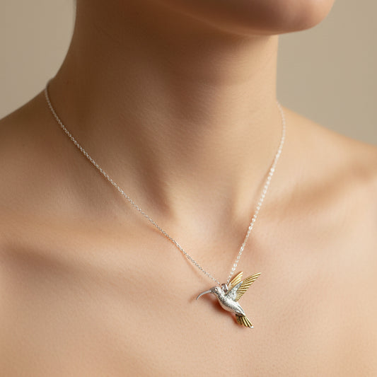 Golden Wing Hummingbird Necklace in Sterling Silver