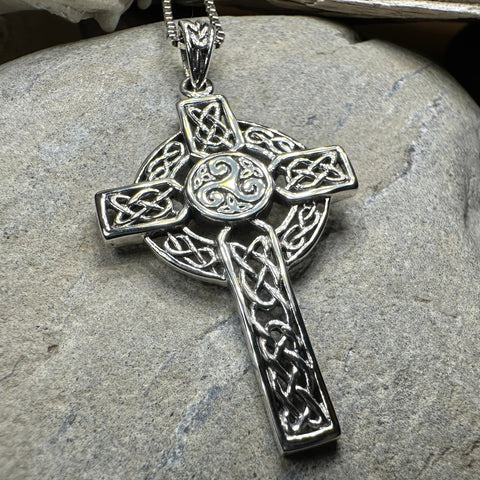 Load image into Gallery viewer, Aileran Triskele Celtic Cross Necklace in Sterling Silver
