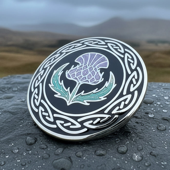 Celtic Scottish Thistle Enamel Brooch in silver