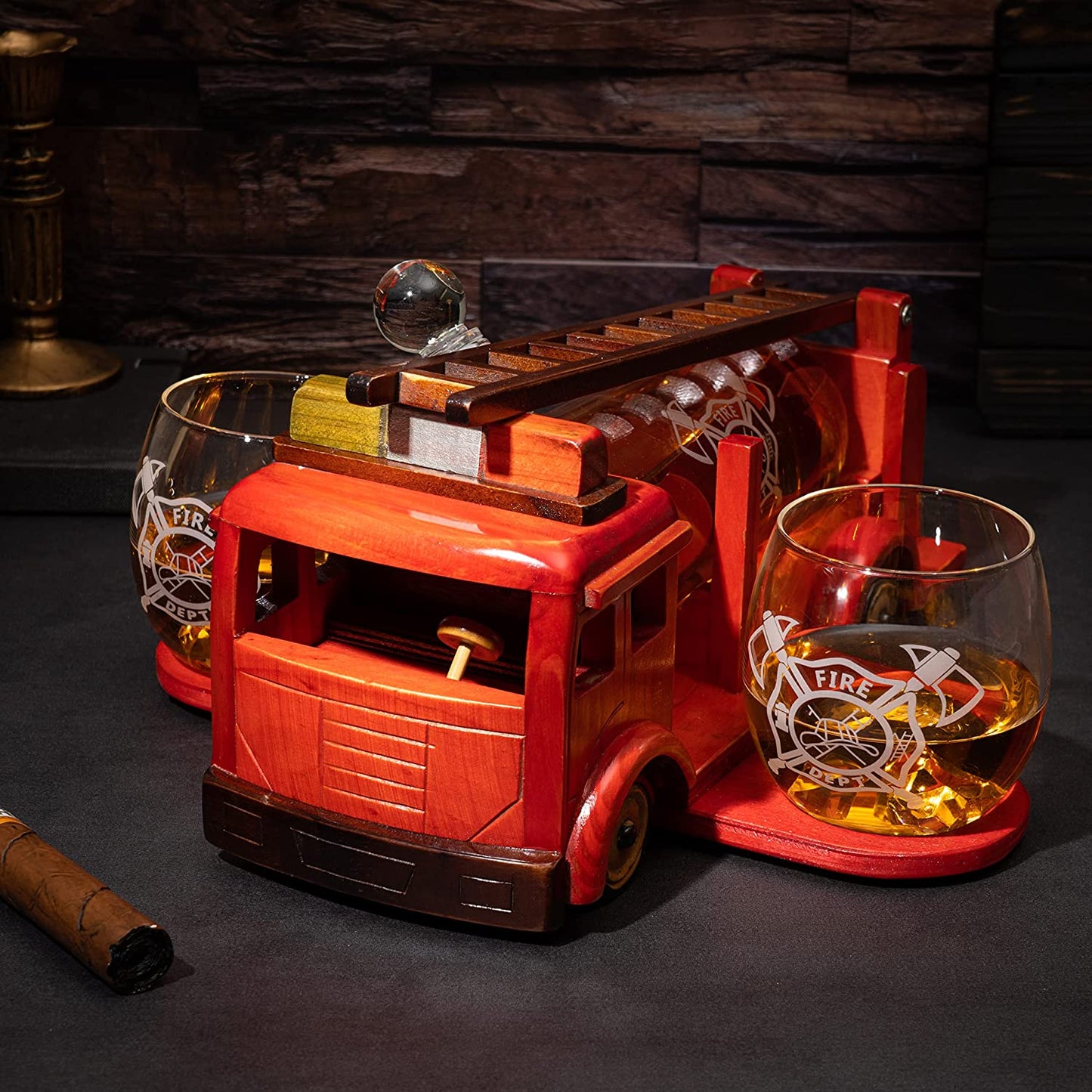 Vintage Firetruck Whiskey Decanter with Two Glasses