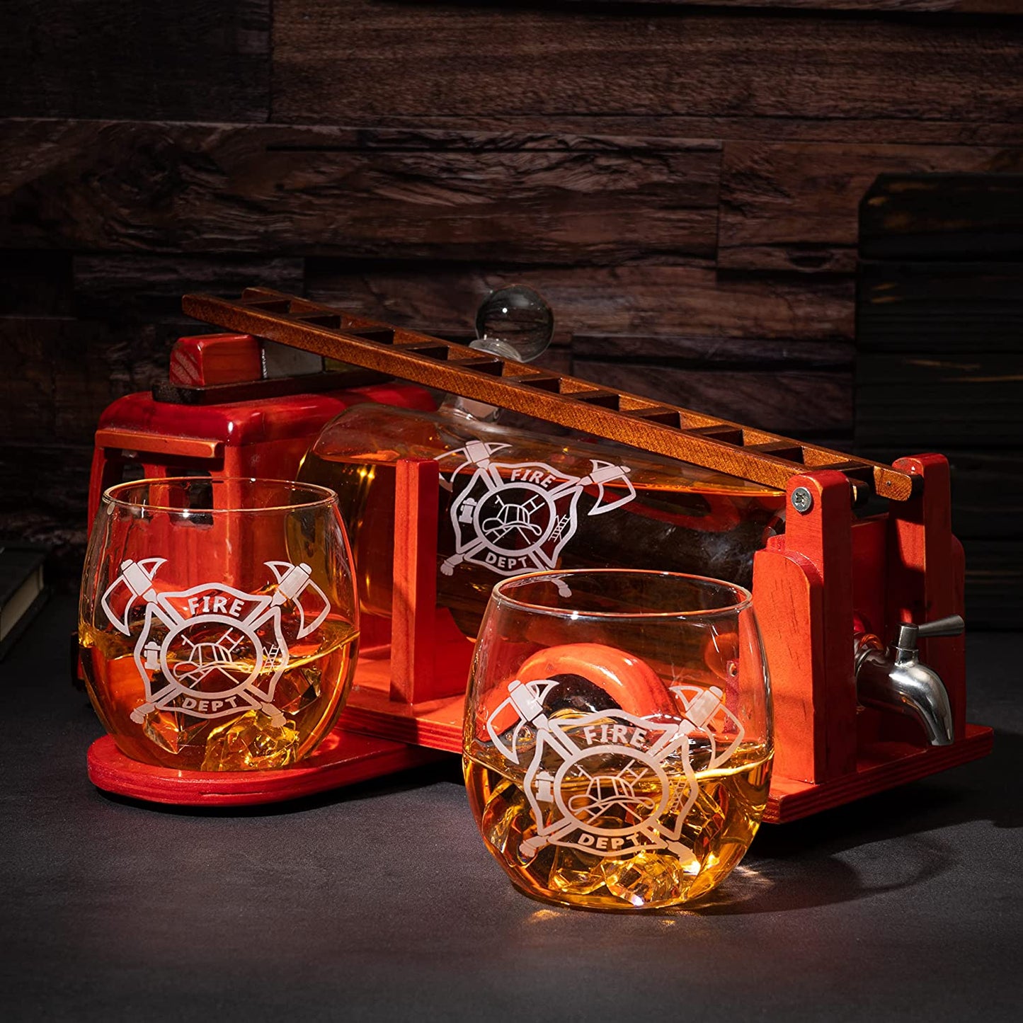 Vintage Firetruck Whiskey Decanter with Two Glasses