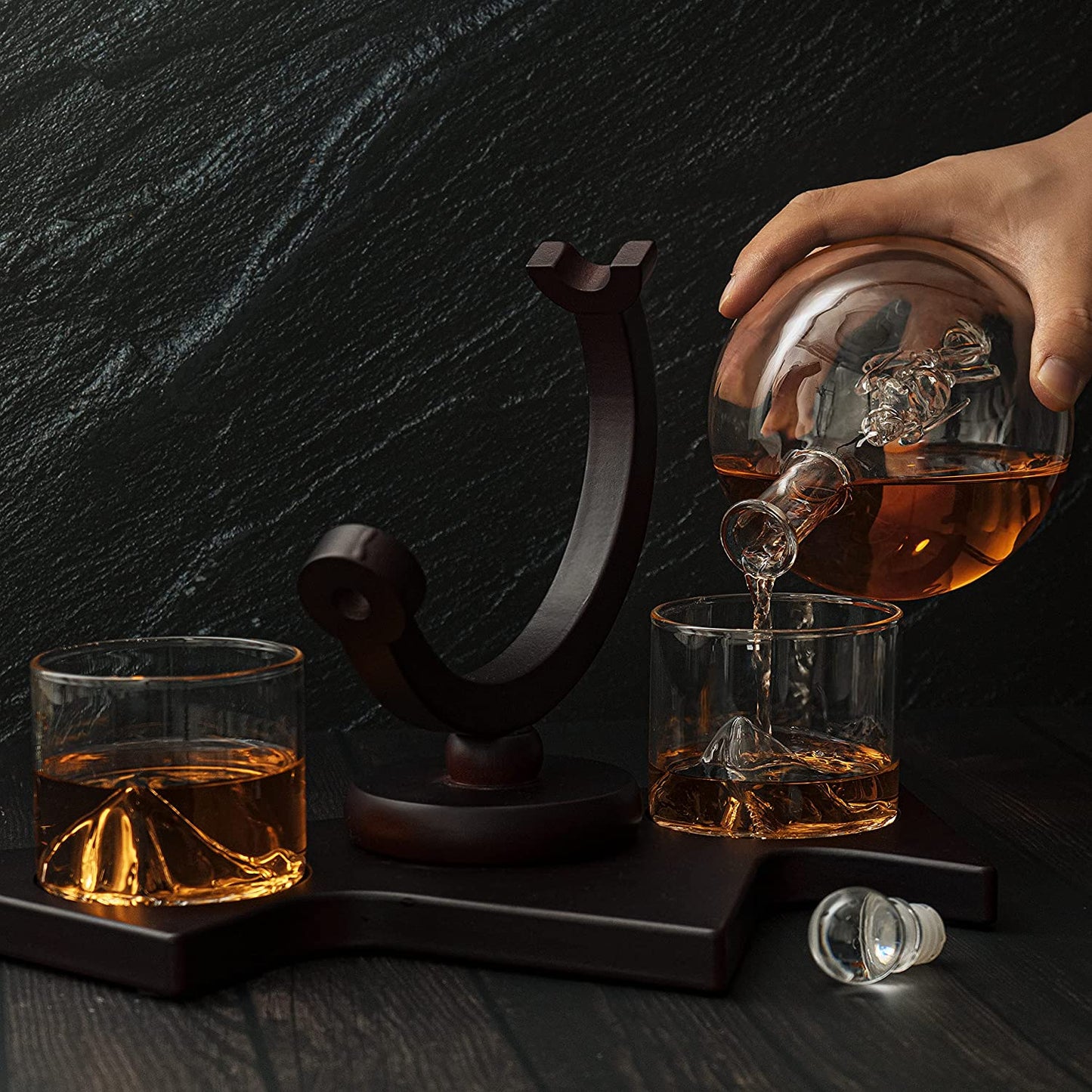 Ski Wine And Whiskey Decanter with 2 Glacier Mountain Glasses