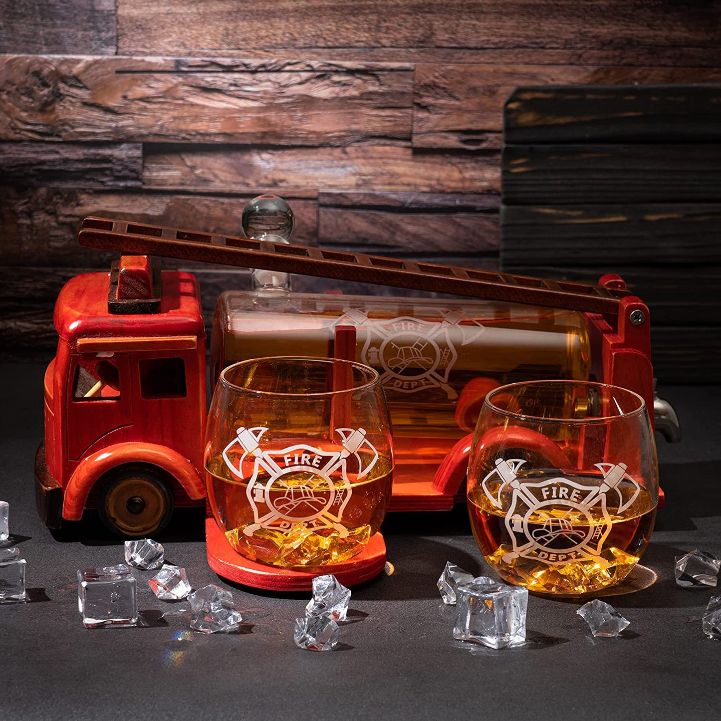 Vintage Firetruck Whiskey Decanter with Two Glasses