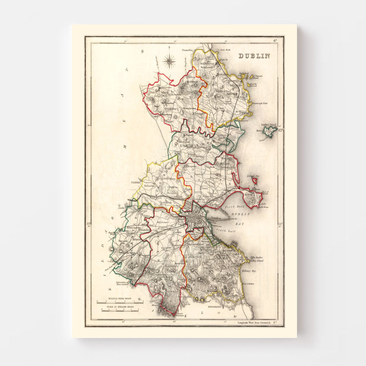 Vintage Map of Dublin County Ireland, 1846 Wall Art