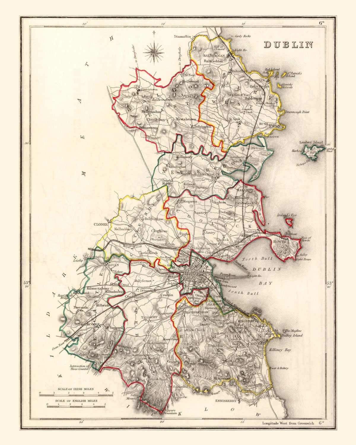 Vintage Map of Dublin County Ireland, 1846 Wall Art