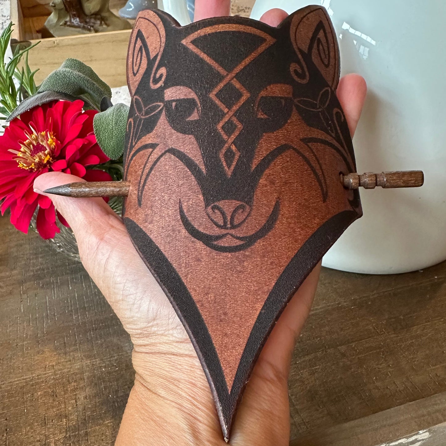 Celtic Wolf Leather Hair Slide for Women