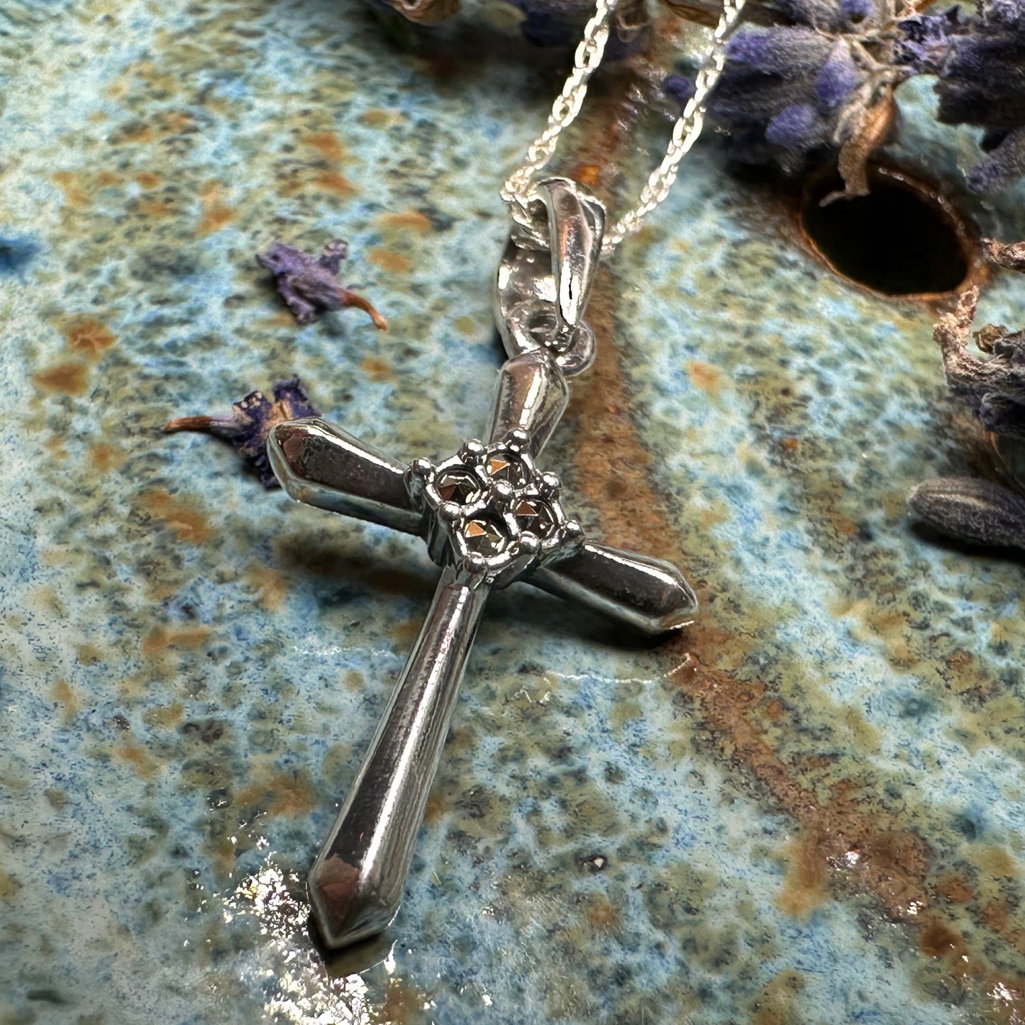 Petite Simplicity Marcasite Cross Necklace in Sterling Silver