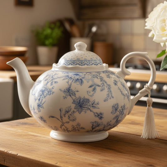 Vintage Style Blue Flowers Fine China Teapot