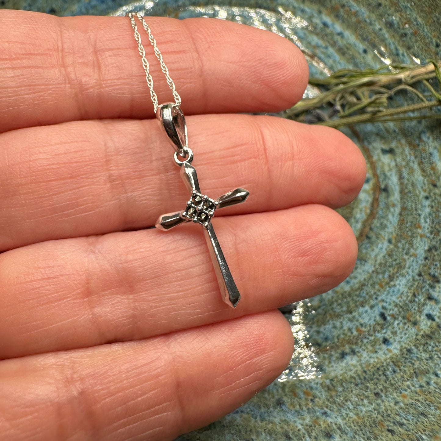 Petite Simplicity Marcasite Cross Necklace in Sterling Silver