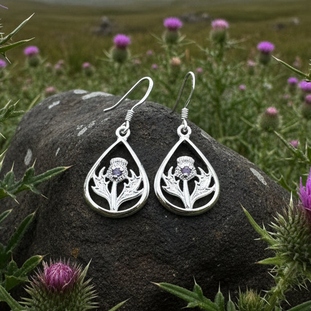 Teardrop Scottish Thistle Amethyst Earrings - Perfect Gift — view 5