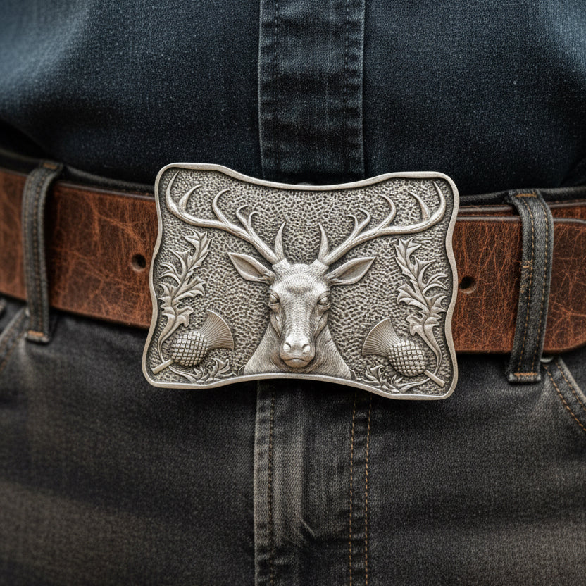 Thistle & Stag Kilt Belt Buckle - Handmade in Scotland
