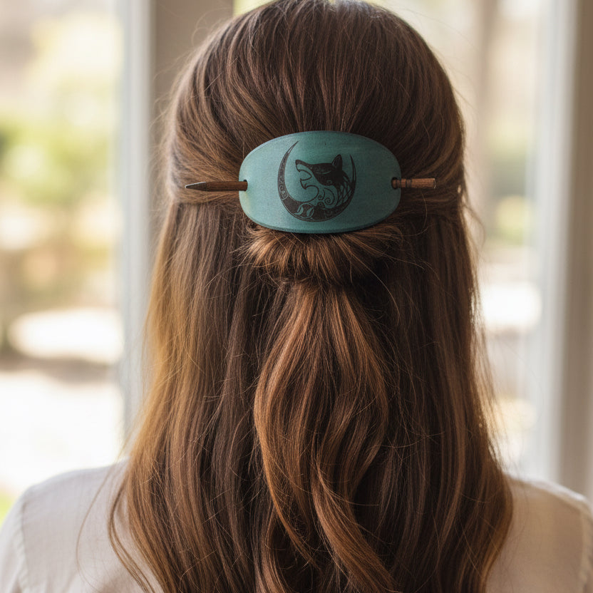 Celtic Wolf & Moon Leather Hair Slide for Women