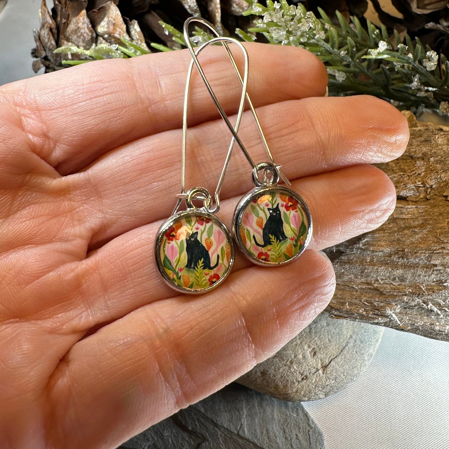 Garden Black Cat Art Earrings — view 5