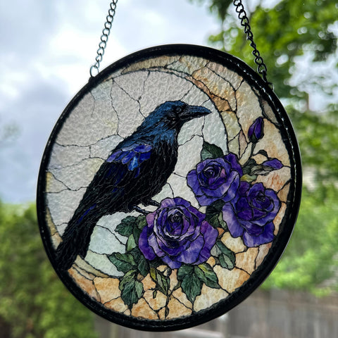 Load image into Gallery viewer, Purple Roses Moon Raven Suncatcher

