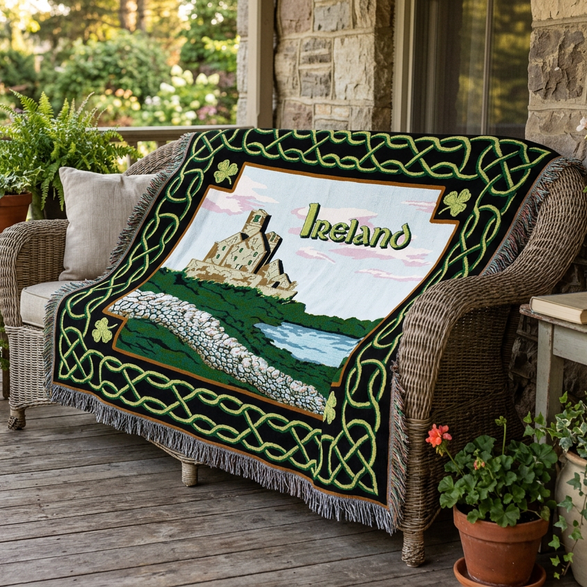 An Irish-themed woven throw blanket featuring a central scenic illustration of a stone castle, a stone wall, and a river, surrounded by a green Celtic knot border with shamrocks and the word 'Ireland' in green.