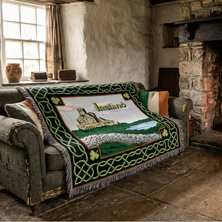 An Irish-themed woven throw blanket featuring a central scenic illustration of a stone castle, a stone wall, and a river, surrounded by a green Celtic knot border with shamrocks and the word 'Ireland' in green.