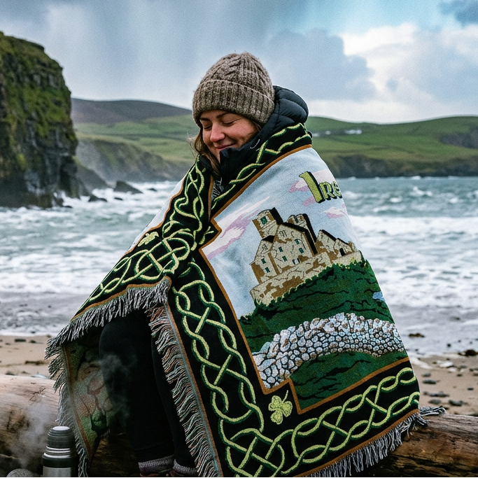 An Irish-themed woven throw blanket featuring a central scenic illustration of a stone castle, a stone wall, and a river, surrounded by a green Celtic knot border with shamrocks and the word 'Ireland' in green.