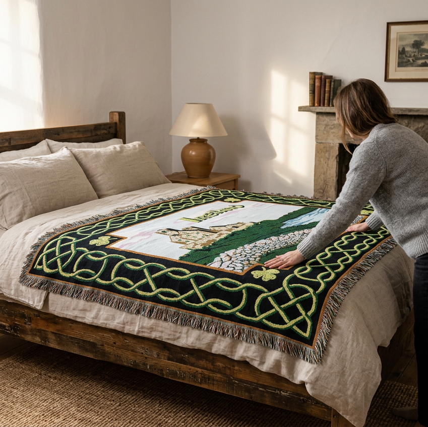 An Irish-themed woven throw blanket featuring a central scenic illustration of a stone castle, a stone wall, and a river, surrounded by a green Celtic knot border with shamrocks and the word 'Ireland' in green.