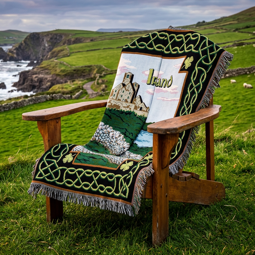 An Irish-themed woven throw blanket featuring a central scenic illustration of a stone castle, a stone wall, and a river, surrounded by a green Celtic knot border with shamrocks and the word 'Ireland' in green.