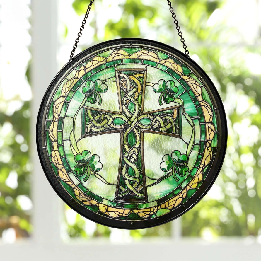 Irish Shamrock Celtic Cross Stained Glass Gift