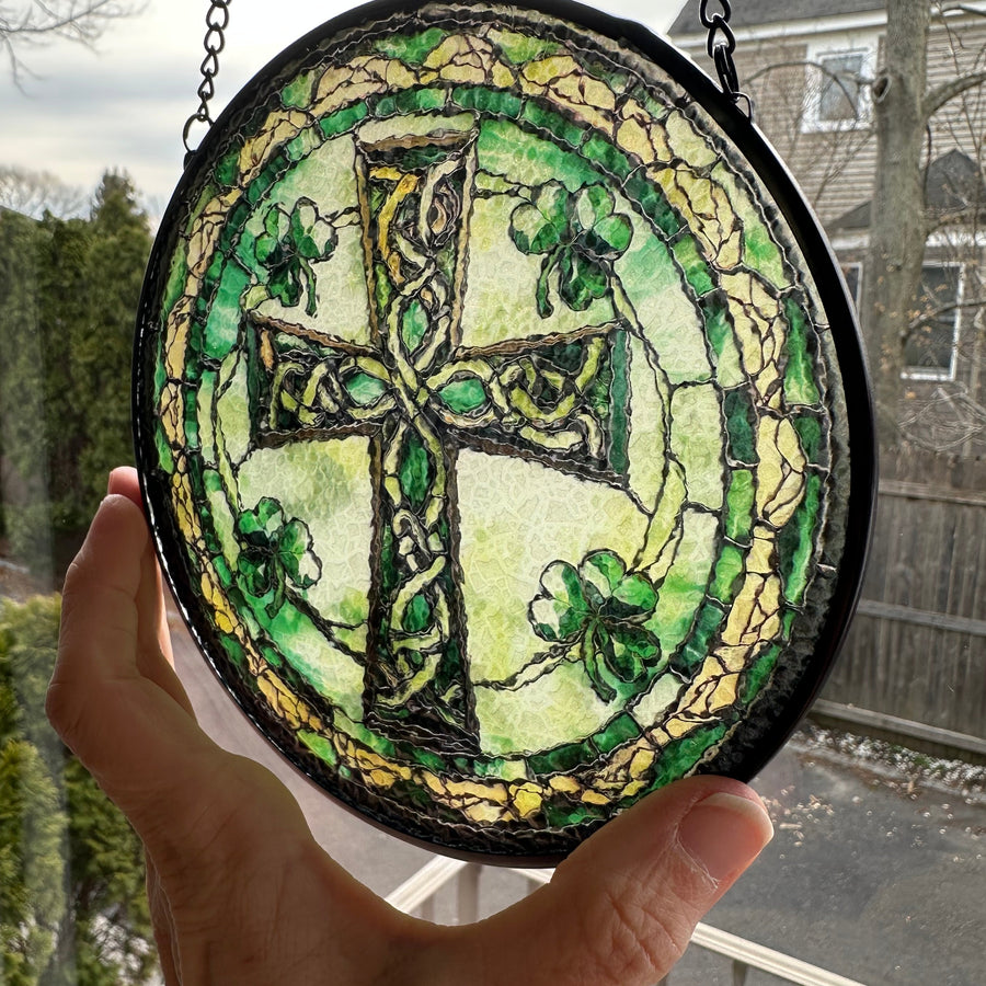Shamrock Celtic Cross Stained Glass Gift