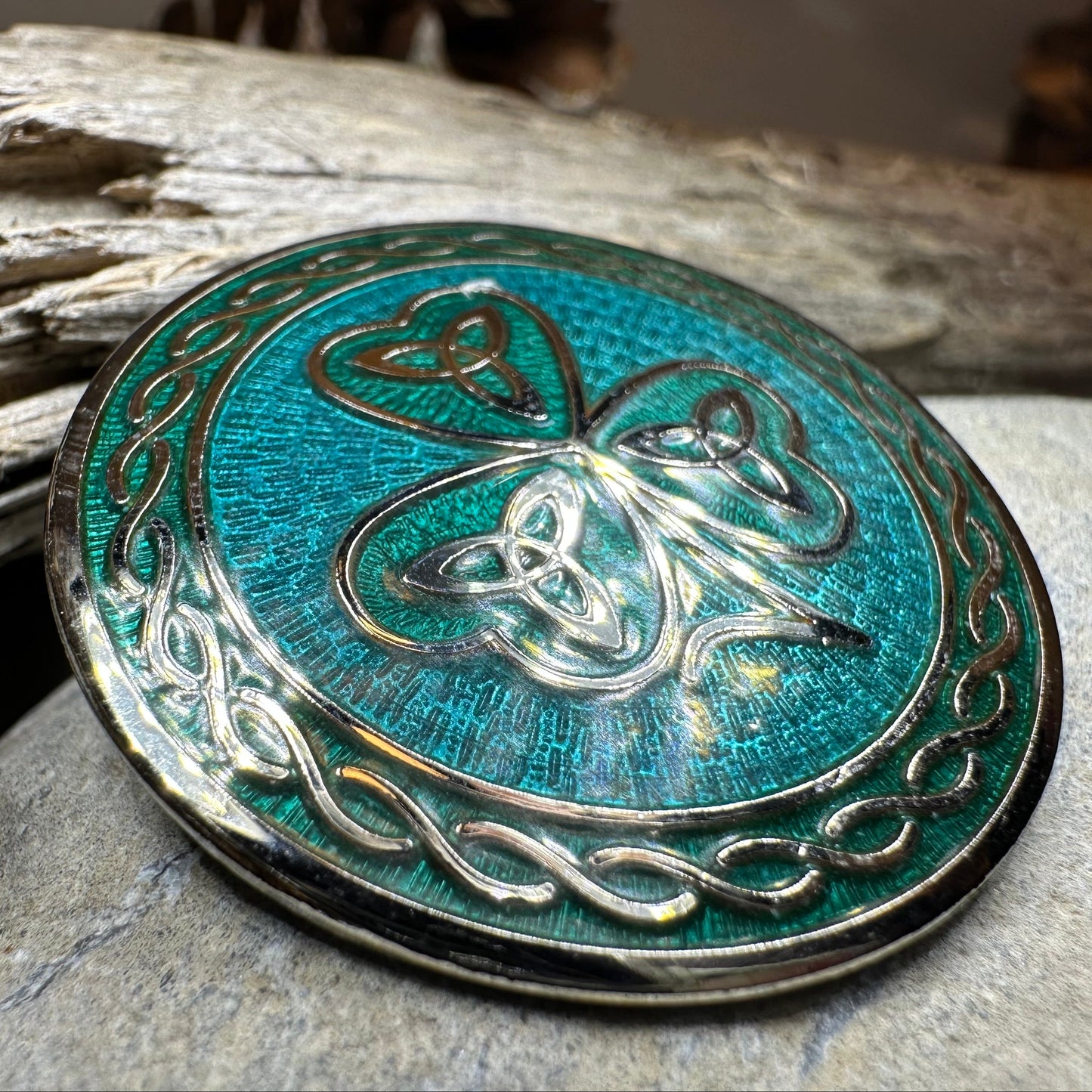Enamel Celtic Shamrock Brooch with Trinity Knots — view 3