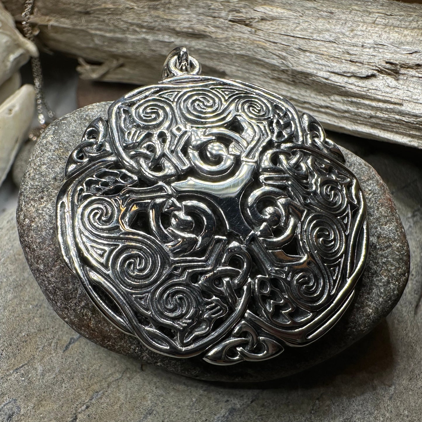 Pictish Triple Celtic Wolf Necklace in Sterling Silver