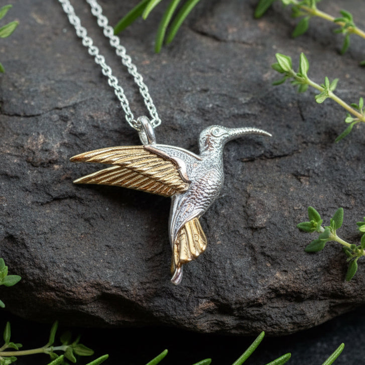Golden Wing Hummingbird Necklace in Sterling Silver