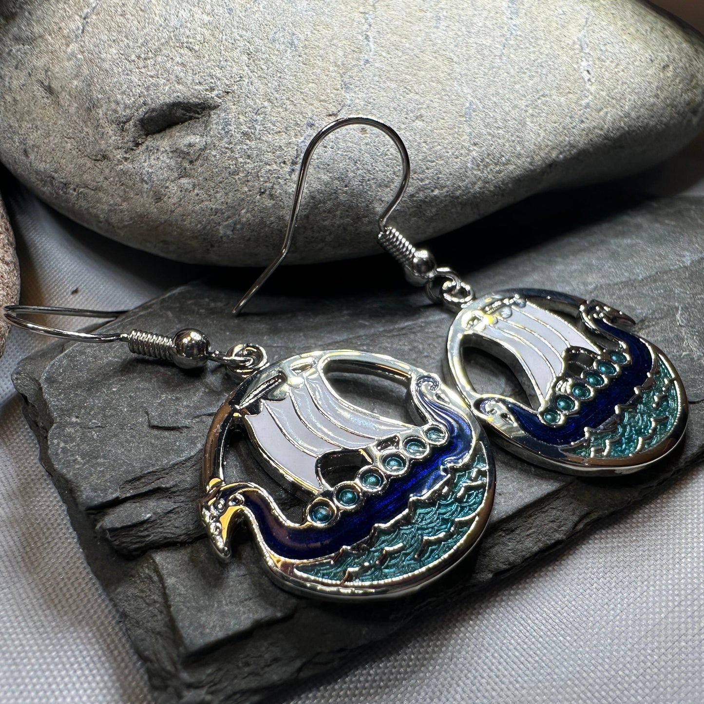 Oslo Viking Longship Enamel Earrings - Norse Jewelry