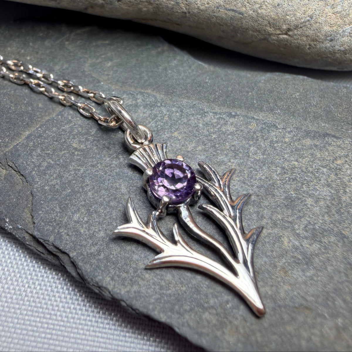Petite Jacobite Scottish Thistle Amethyst Necklace in Sterling Silver
