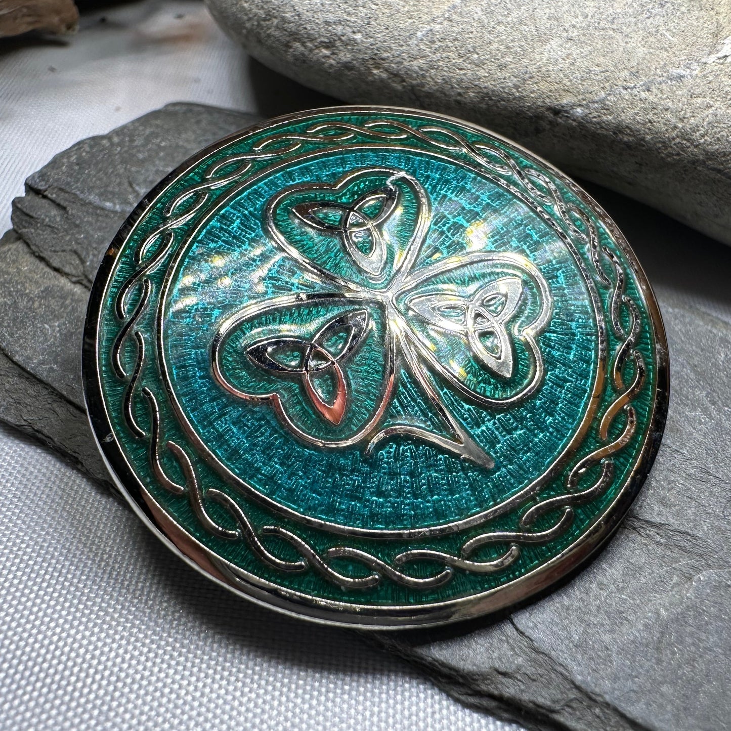 Enamel Celtic Shamrock Brooch with Trinity Knots — view 6